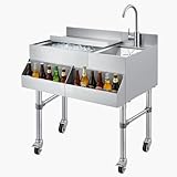 VEVOR Commercial Ice Bin with Sink & Faucet, 60 Qt Max Capacity, 24 x 19 x 35 Inch Stainless Steel Ice Chest with Sliding Lid and Bottle Holders, Cooler Cart Cocktail Unit for Bar Restaurant Pub