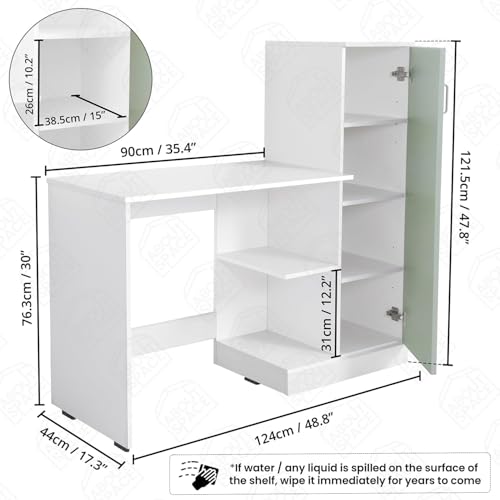 Image of ABOUT SPACE Study Table with Cabinet - Computer Table with Bottom Storage Space DIY Engineered Wood Office Desk with Adjustable Shelves for PC Laptop Gaming (White, Green-L 124 x B 44 x H 121.5 cm)