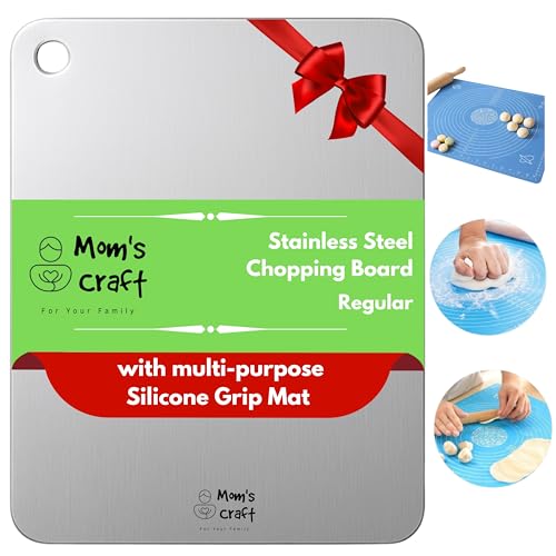Image of Premium Stainless Steel Chopping Board | Large Rectangle Cutting Board 31cm x 22.5cm with Anit-Slip Gripping Mat | for Cutting Vegetables, Fruits, Meat | Reversible (M, Rectangular)