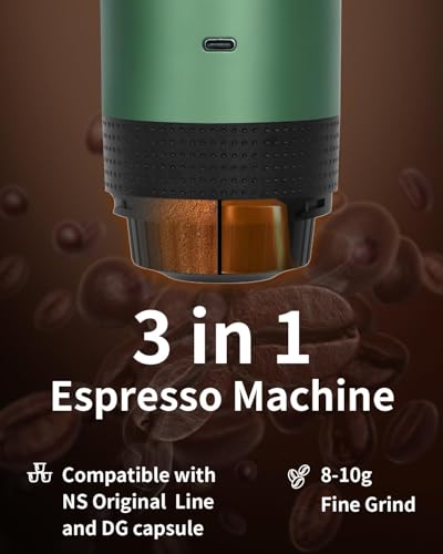 Image of Portable Electric Espresso Machine, Travel Coffee Maker for Camping, Car, RV & Hiking, Self-Heating with Type-C, Compatible with Ground Coffee & NS Capsules, Green