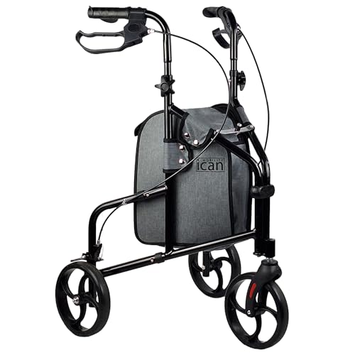 iCAN R-33 Ultra Lightweight 3-Wheel Rollator Aluminium Compact Walker with Adjustable Handles & Ergonomic Brakes Indoor & Outdoor Mobility Aid