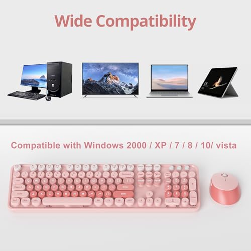 Image of Fogruaden Pink Retro Typewriter Keyboard and Mouse Wireless, 2.4GHz Office Full-Sized Colorful Computer Keyboard with Number Pad and Cute Mouse for Windows PC Desktops Laptop