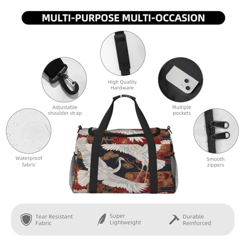 Japan Cranes Chrysanthemums Printed Travel Duffle Bag for Men Women Large Sport Gym Bag Handbag with Shoulder Strap for Travel Weekend Fishing Hunting4