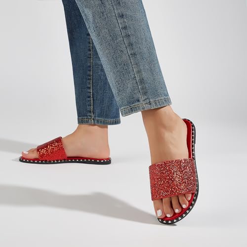 Image of Women's Open Toe Flat Sandals Rhinestone Glitter On Casual Fashion Slippers Quick Drying Indoor & Outdoor Slides