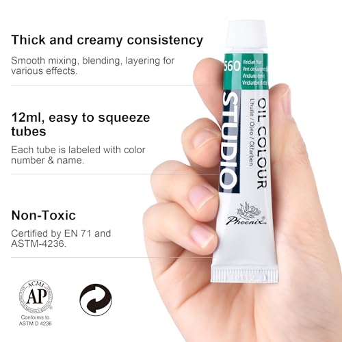 Image of PHOENIX Oil Painting Set 12 Colors x12ml / 0.4Fl Oz Tubes Nontoxic Oil Based Paints for Canvas, Great Value Art Paints for Artists Craft Painting Supplies for Kids, Students and Beginners
