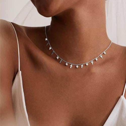 Gold Cross Charm Choker Necklace For Women Pearl Silver Chain Dainty Trendy Small Pendant Necklaces Non Tarnish Gemstone 18K Jewelry2