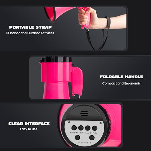 MyMealivos 30W Megaphone with Siren & 240s Record-Adjustable Vol Control Cover Up to 800 Yards Range Fit for Sport Games Cheerleading Coaches Event Organizers-Rose Pink - Thumbnail 5