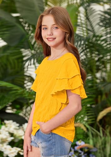 Image of Girls Summer Crewneck Tee Shirts Double Ruffle Short Sleeve Stretch Textured Fabric Casual Blouse 5-14 Years