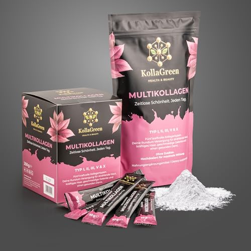 KollaGreen® Multikollagen Pulver – 5-fach Kollagen Typ I, II, III, V & X – Hochdosiert (250 g / 25 Portionen) – Für Haut, Haare, Nägel, Gelenke & Darm – Ohne Zusätze – Made in EU