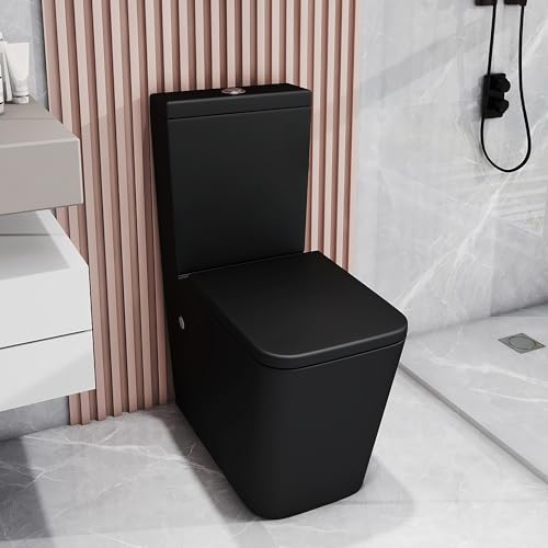 Robanmoa Matt Black Rimless Close Coupled Toilet Back to Wall Bathroom Toilet Ceramic WC Pan with Soft Close Seat Dual Flush Cistern Modern Square Comfort Height Toilets