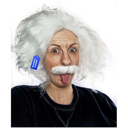ALLAURA Inspired by Famous Physicist Wig Old Man White Mad Scientist Wig & Mustache Set Funny Physicist Costume for Adults Halloween Cosplay Genius Look Retro Science Outfit Party Accessory