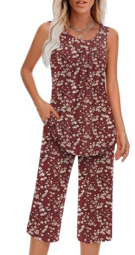 Image of Findsweet Women Pajamas Sets Loungewear Soft Sleepwear Two Piece Summer Sleeveless Pjs Tank Top Pants with Pocket S-4XL