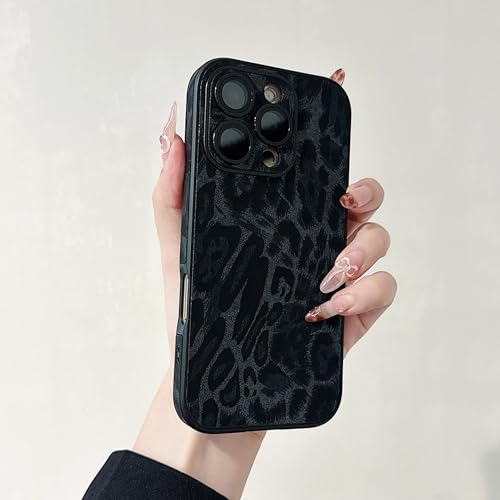 Coque en Cuir iPhone 15 Pro Luxe Motif Léopard Noir Matte