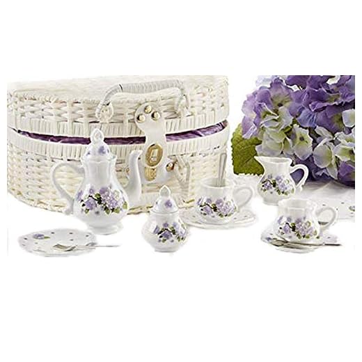 Delton Products Purple Glory Flower Porcelain Tea Set in Fabric Lined Basket New