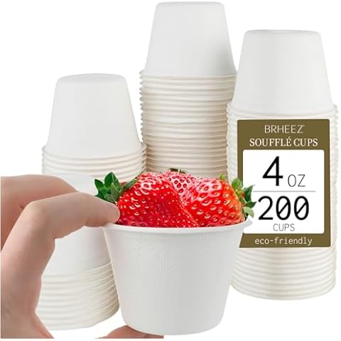 brheez 4 oz - Pack of 200 Disposable Bagasse Fiber Souffle Cups , 100% Natural Biodegradable & Compostable , Perfect for Condiments Small Portion & Samples Eco Friendly Paper Alternative - White Cover