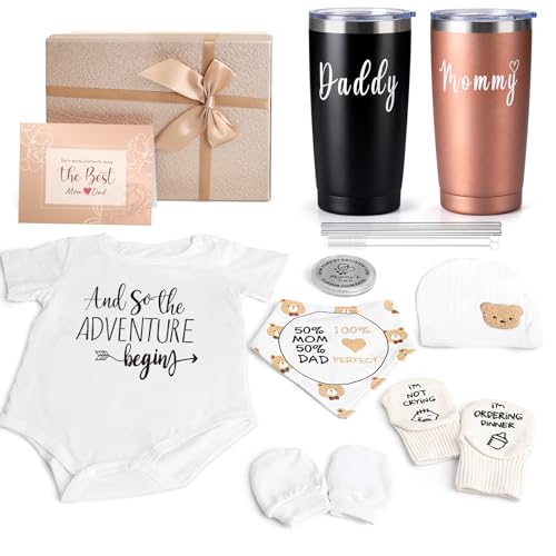 Image of New Mom Gifts for Women, 9 Pcs Best Pregnancy Gifts Basket for New Parents, Gender Reveal Ideas Gift Set for First Time Mom Dad Expecting Parents to Be Gender Reveal Baby Shower Newborn