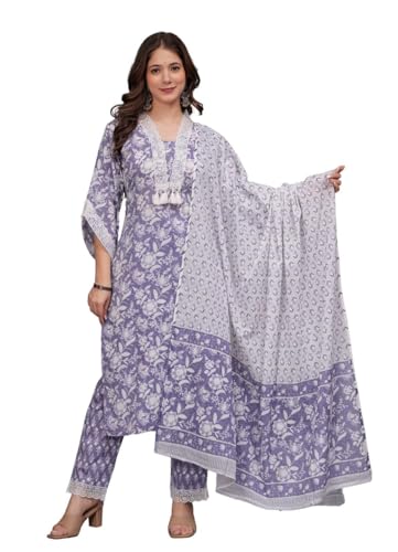 Image of Amayra Women's Pure Cotton Printed Straight Kurta Set with Palazzo Pants & Dupatta- Ethnic Wear, Purple