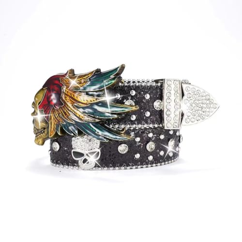 Sparkly Sequin Studded Belt with Bright Round Crystal and Skull Head Punk Rivet Strap Rhinestones Western Boucle2