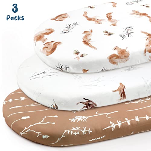 Image of Stretchy Ultra Soft Fitted Bassinet Sheet Set 3 Pack, Universal Fit for Bassinets Baby Cradle Moses Basket Oval Rectangle Mattress Safe and Snug, Cute Jungle Squirrels and Animals