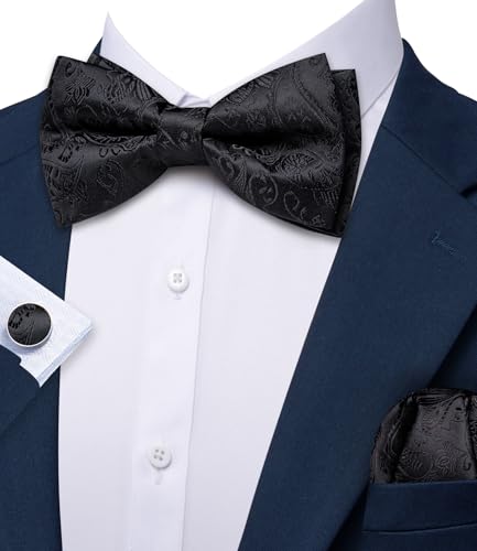 Image of Barry.Wang Paisley Striped Bow Tie for Men Silk Pre-Tied Bowtie Pocket Square Cufflinks Set Formal Wedding Party Prom