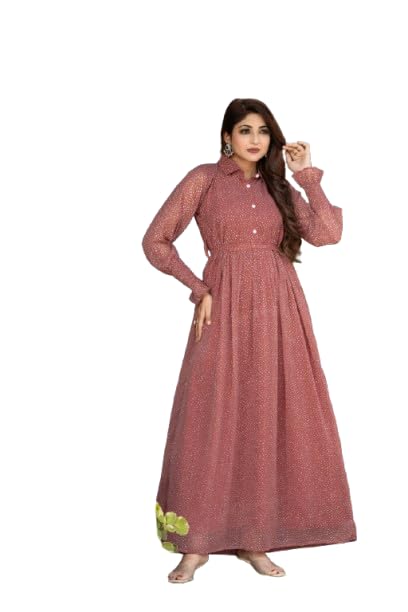 Women Georgette Crepe Lining for no Transparency Printed Long Gown Stylish Flared Dress with Shirt Collar Elegant Party & Casual Wear Gown for Women