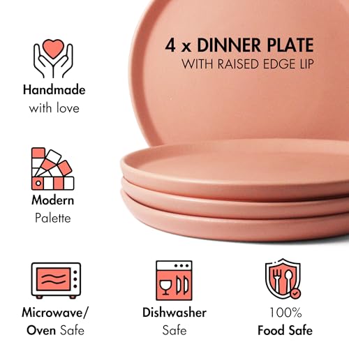 Image of Ceramic Dinner Plates, 4 Pcs | Rim Plate for Easy Eating | Microwave, Oven, Dishwasher Safe | Set of 4 Ceramic Plates for Dinner | Handmade | (Flamingo Pink, Set of 4 Dinner Plates)
