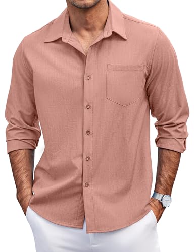 COOFANDY Men's Linen Shirt Long Sleeve Button Down Shirt Summer Vacation Beach Wedding Shirts Pink