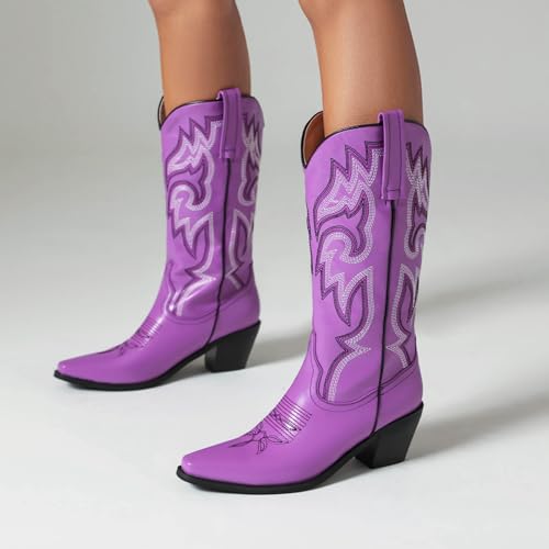 KiutSymo Women's Mid Calf Cowgirl Boots for Women Embroidered Snip Toe Chunky Heel Wide Calf Western Cowboy Boots4
