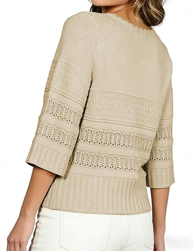 Vimida Women's Crewneck Sweater Top Crochet Hollow Out Ribbed Knit Loose Lightweight Spring Summer Daily Wear(Khaki-L) — view 5