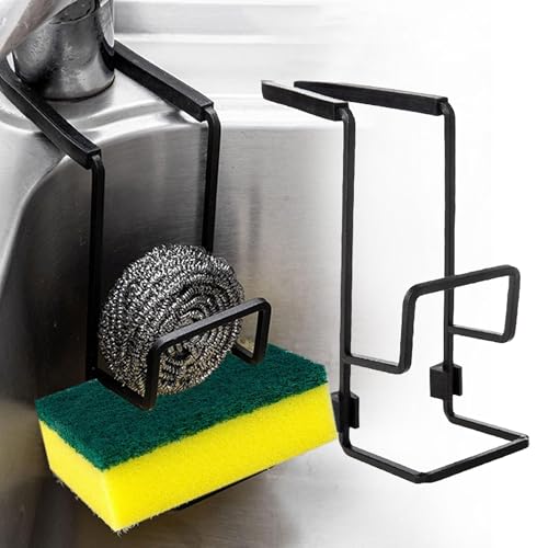 Clip-on Sponge Holder for Kitchen Sink Faucet Black Sink Caddy Organizer for Sponges & Brushes Fast-Draining Rack with Scratch-Proof Silicone Grip