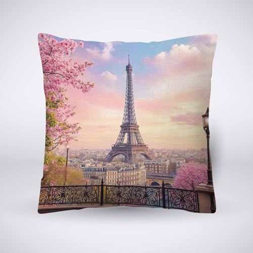 Pehede Housse de coussin romantique Tour Eiffel à Paris en coton et lin Taie d'oreiller décorative pour canapé, chaise, chambre à coucher 45,7 x 45,7 cm