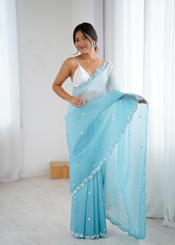 Image of Women's Chiffon Embellished Saree With Unstitched Blouse Piece (Light blue)