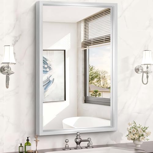 Image of Bathroom Mirror, 24 x 40 inch Brushed Silver Rectangle Mirror, 0.6 inch Thickened Deep Metal Frame Rectangular Vanity Mirror, Wall Mounted Mirror for Bedroom Living Room, Horizontal or Vertical