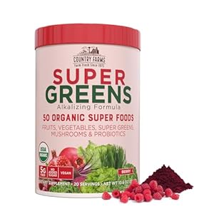 COUNTRY FARMS Super Greens Berry Flavor, 50 Organic Super Foods, USDA Organic Drink Mix, Fruits, Vegetables, Super Greens, Mushrooms & Probiotics, Supports Energy, 20 Servings, 10.6 Oz