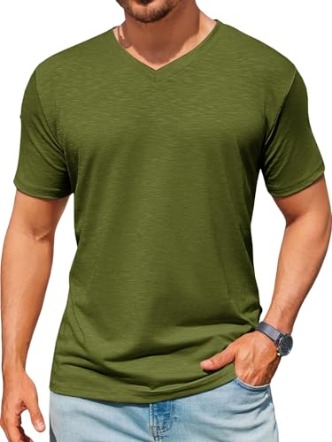 Runcati Mens T-Shirts Short Sleeve V Neck Casual Classic Shirt Summer Stretchy Regular Fit Lightweight Tees Army Green