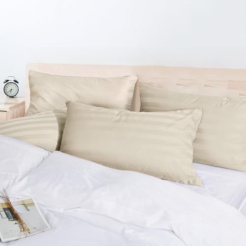Image of 100% Egyptian Cotton Pillow Protectors Set of 4, 600 Thread Count King Size Bed Pillow Cases with Zipper, Sateen Weave Cooling Pillow Cases Quiet and Breathable Easy Care (4PCS, Stripe-Beige)