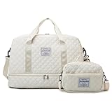 [ ユニベイズ ] ボストンバッグ レディース 旅行バッグ 一泊二日 大容量 機内持ち込み 折りたたみ 靴入れ 旅行カバン (ホワイト, メインバッグ＋サブバッグ)