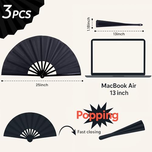 JOHOUSE 3PCS 13 Inch Large Fabric Folding Hand Fan – Foldable Handheld Fans for Women, Line Dancing, Boots on the Ground Fan, Rave and Festival Fans, Party Decorations