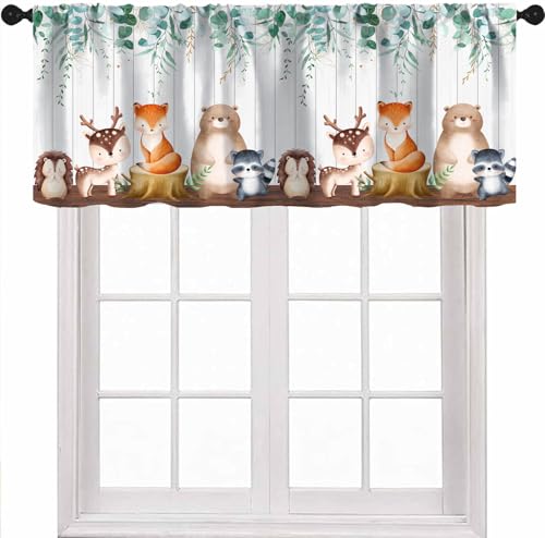 Djaby Woodland Animals Valance Curtains, Forest Animal Green Leaves Rod Pocket Valance Curtain for Kids Bedroom Baby Room Nursery Room 54x18inch