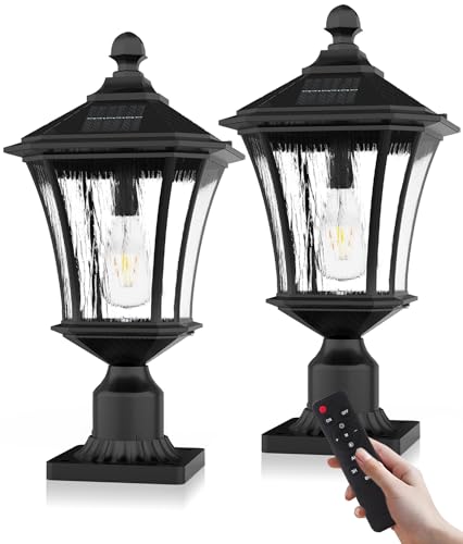Lovus Solar Post Lights with Pier Mount Base, 19'' H Aluminum Solar Lamp Post Light, 2700K/4000K/6000K Dusk to Dawn Pole Lights Outdoor for Pathway Pillar Yard Patio, Remote Control, Black-2PACK