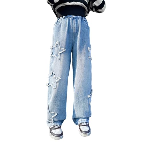 HBER Kids Girls Cute Star Jeans Elastic Waist Wide Leg Pull On Jeans Baggy Denim Pants for Teen Girls 5-14 Years