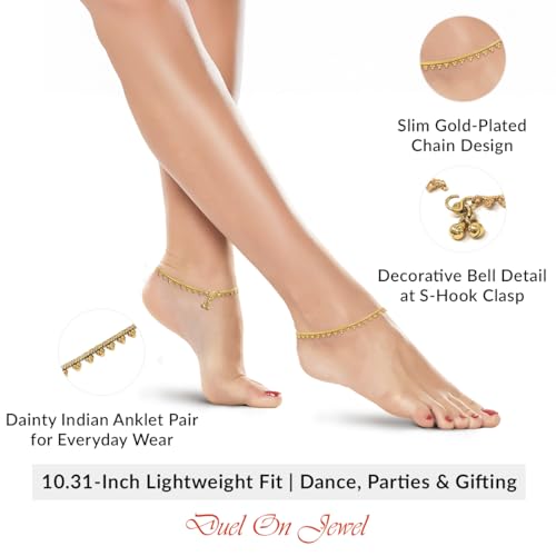 Image of Duel On Jewel Gold Payal Set for Women, Indian Paayal Jhanjar Chain Anklets with Bell Detail, Foot Jewelry Pair, 10 Inch Comfort Fit, Traditional & Dainty Styles for Wedding Beach Everyday Gift
