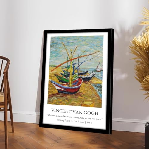 Image of Waltractive Vincent Van Gogh Paintings Framed Poster with Beautiful Quotes - Available in 33x22 and 48x33 CM - Classic Art Poster with sleek Black Frame - Elegant Home and Office Decor (Fishing Boats on the Beach, 13x19 Inch, Framed)