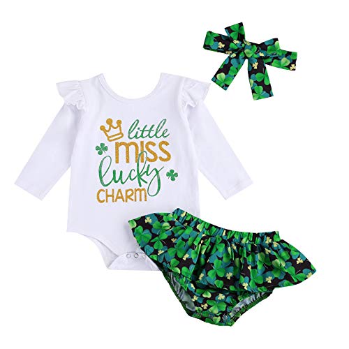 Baby Girl St. Patrick's Day Outfit, Little Miss Lucky Charm Romper Bodysuit Clover Skirted Shorts Headband Clothing Set (Green, 3-6 Months)