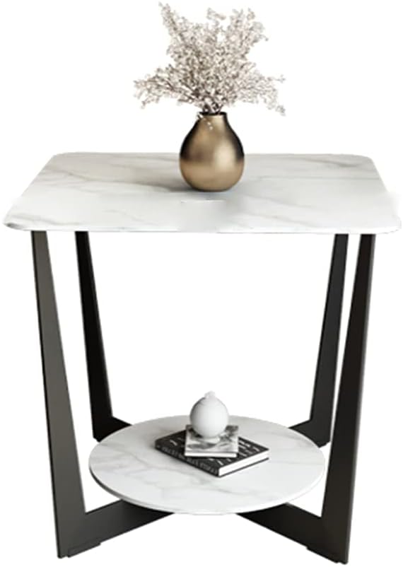 Side Table/End Table,Square Double Layer Slat Top Metal Waterproof Snack Table Living Room Bedroom Garden Terrace