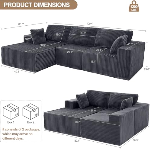 Image of L Shaped Modular Boneless Sectional Couches for Living Room, Wide Armrest, Deep Seat, Memory Foam, Assembly Free, Modern Comfy Corduroy Fluffy Cloud Sofa with Left Chaise, Grey
