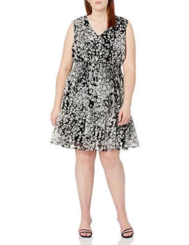 Taylor Dresses womens Plus Size Taylor Dresses Sleeveless V-neck Floral Print Short Chiffon Smocked Waist Ruffle Skirt Dress, Black/Ivory, 14-15 Plus