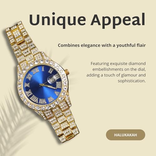 Image of Halukakah Diamonds Gold Watch Iced Out for Boy Teens Kids - 18K Real Gold /Platinum Plated,42mm Blue /Green /Red Dial,Japanese Quartz - 8 inch Length - Optional with Cuban Link Chain,with Watch Adjuster Tool