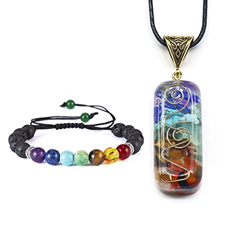 MIRFURT 7 Chakras Pulsera de piedra natural Collar de yoga Colgante Reiki 7 Chakra Pulsera de piedra de lava ajustable para purificación corporal, alivio del estrés, equilibrio, curación interior Cover