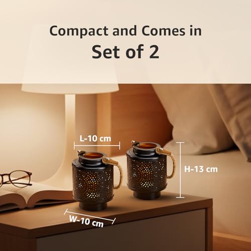 Image of Amazon Brand - Solimo Tea Light Lantern - Round Mandala Design with Handle, Black Iron with Gold Interior, Set of 2 (Size: L-10 cm x W-10 cm x H-13 cm)